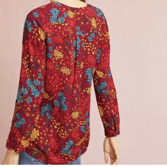 ANTHROPOLOGIE MAEVE Red Floral Long Sleeve Pintuck Blouse Size Small - Picture 3 of 16
